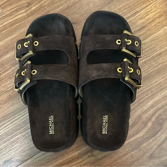 Michael Kors Colby Suede Dark Brown Sandals with Gold Accents - Picture 3 of 6